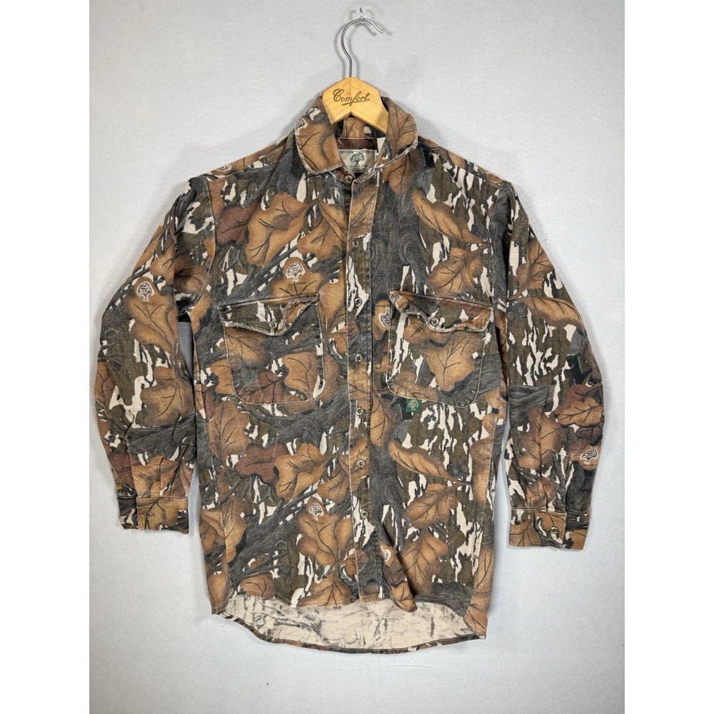 Vtg 80s 90s Mossy Oak Fall Foliage Chamois Shirt S Camo Button Up USA Components